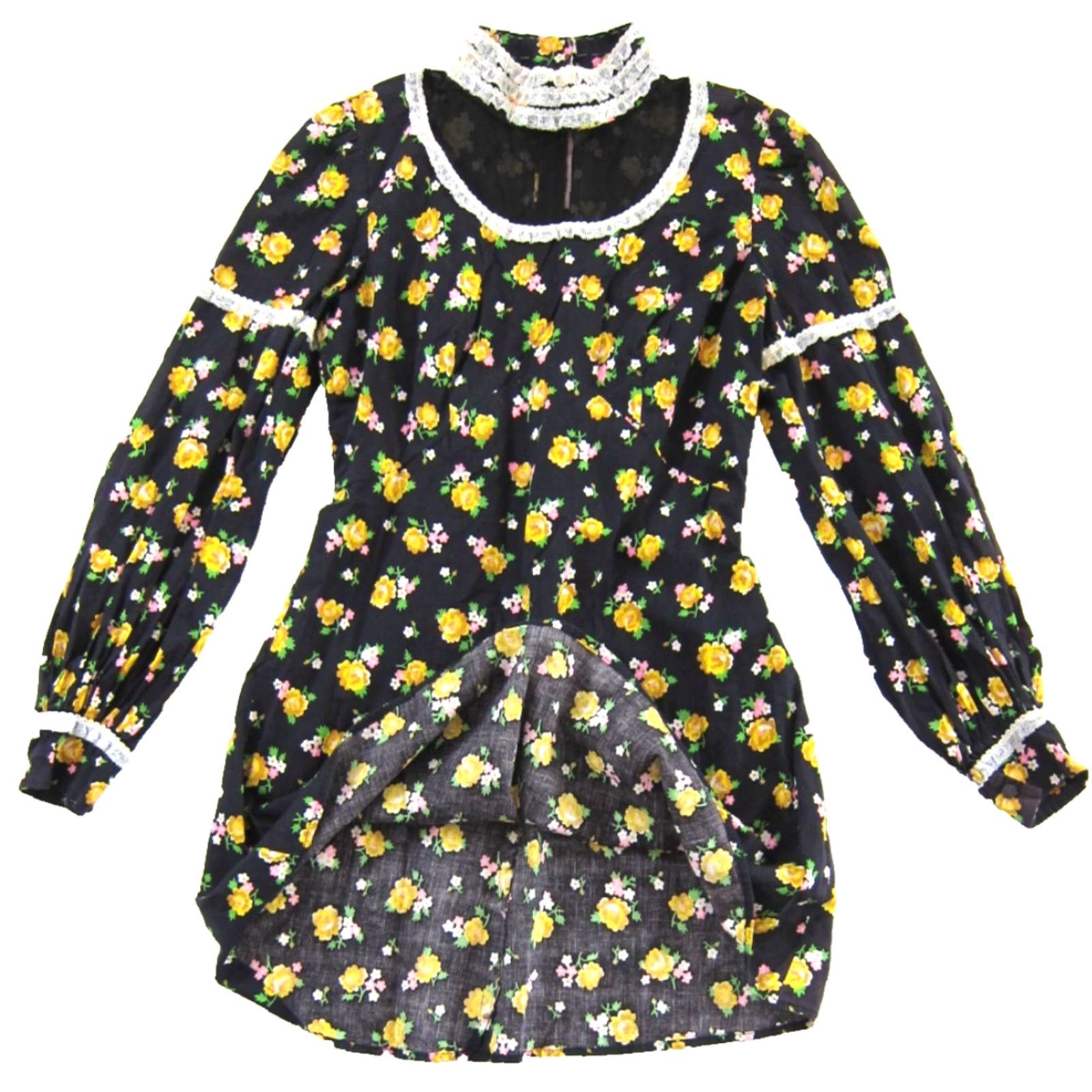 Vintage VTG Handmade Black Yellow Pink Floral Lace High Neck Long sleeve Mini Dress S Size S / US 4 / IT 40 - 5 Thumbnail