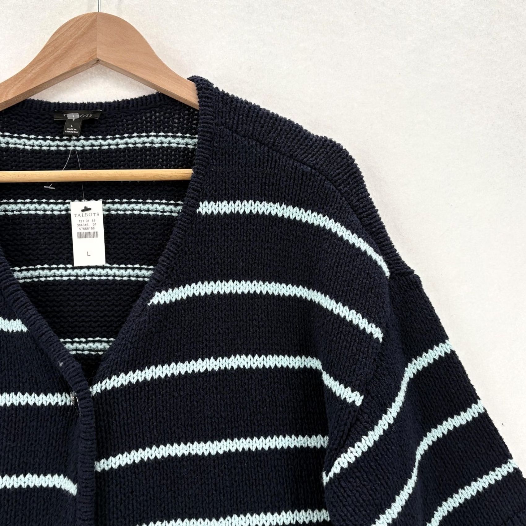 Talbots Talbots Cardigan Sweater Womens L Blue Stripe Nautical Pockets Short Sleeve V-Neck Knit Cotton Blend Nylon Dolman Sleeve Relaxed Casual 90s Theme? Size L / US 10 / IT 46 - 2 Thumbnail