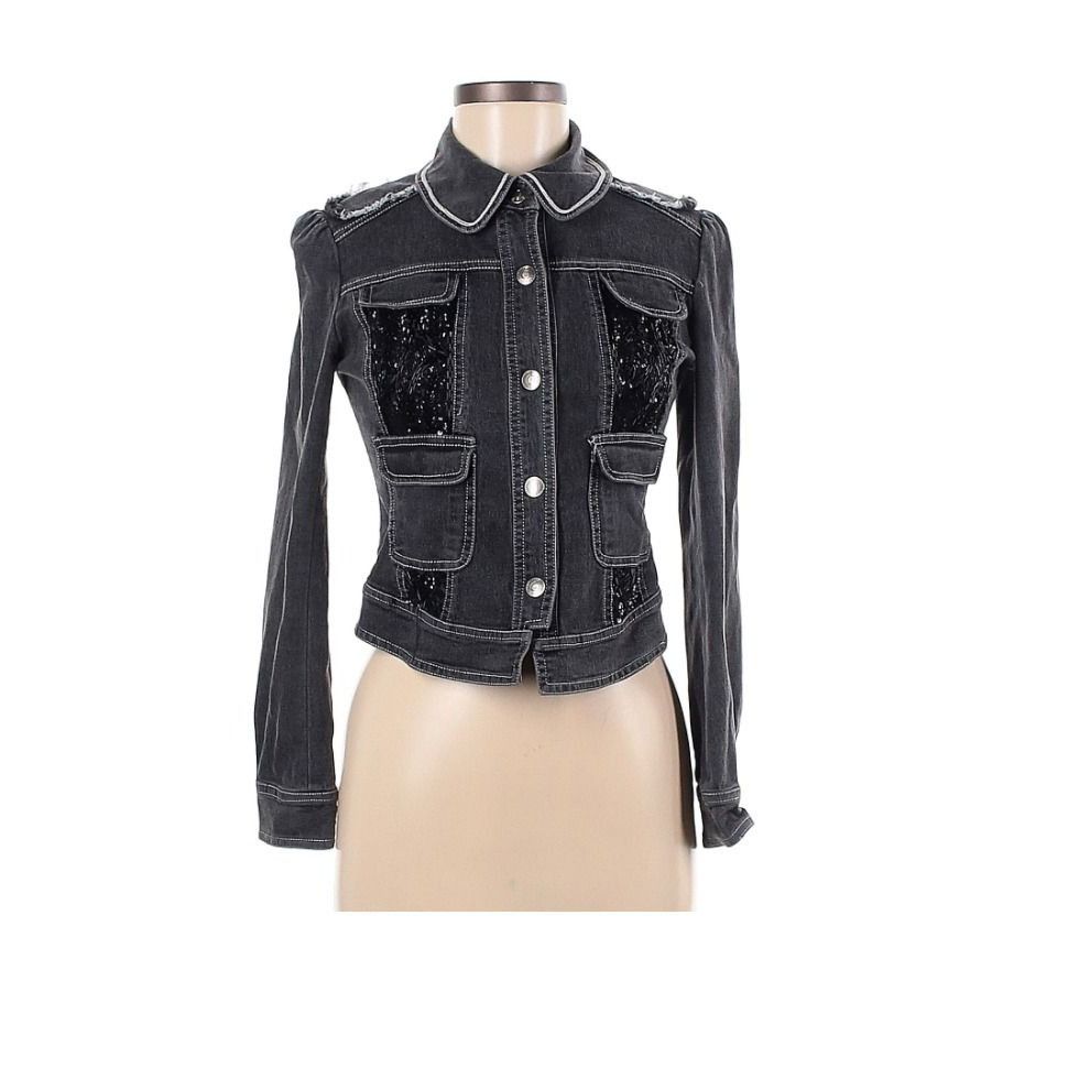 Other Size M Women's Black boho Denim fitted Jacket 4 pockets bead Size M / US 6-8 / IT 42-44 - 3 Thumbnail
