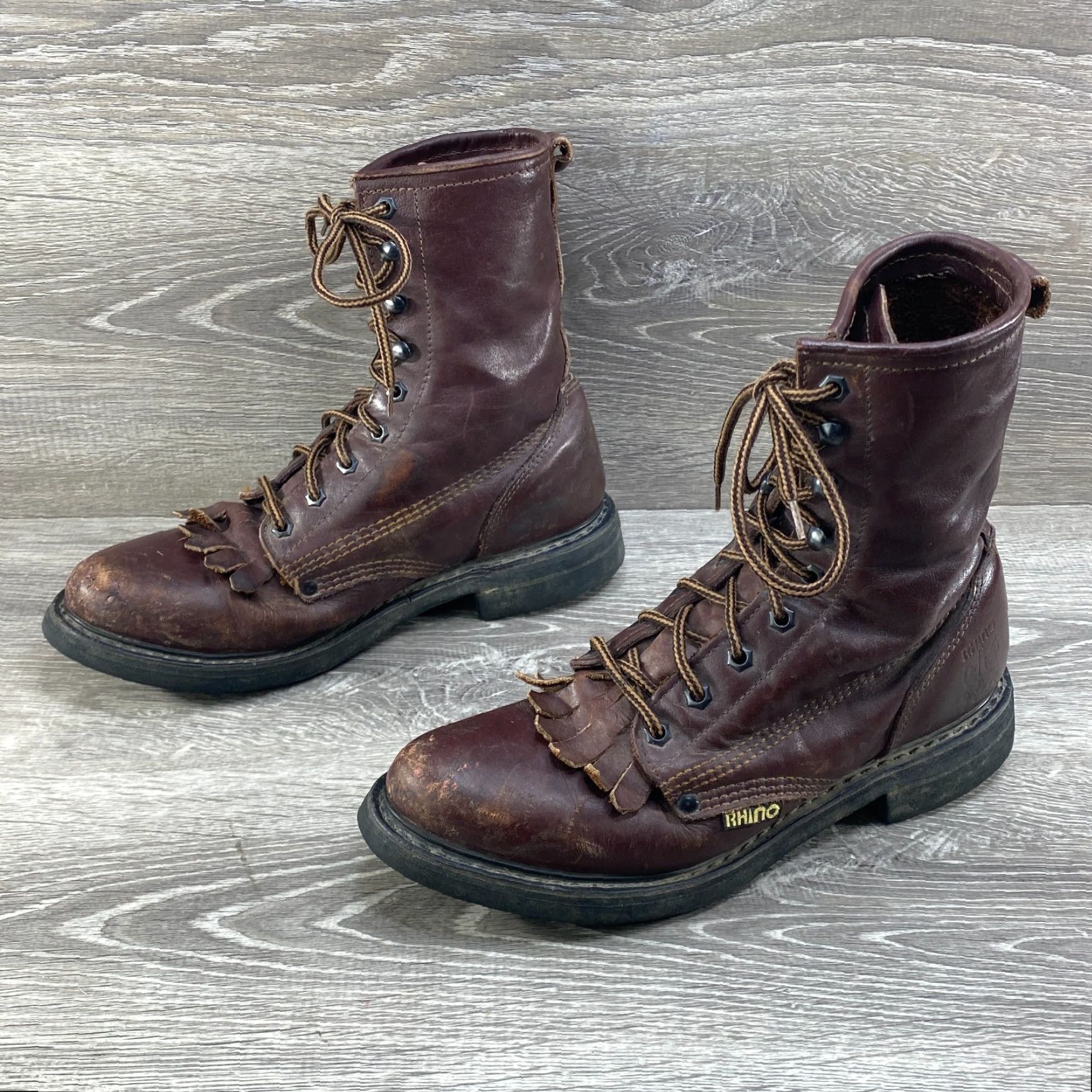 Vintage Rhino Boots Mens 7 Brown Leather Cowboy Western Work Lace Up Logger Kiltie - Vintage Boots Mens Western/Work Brown Leather Size US 7 / EU 40 - 5 Thumbnail