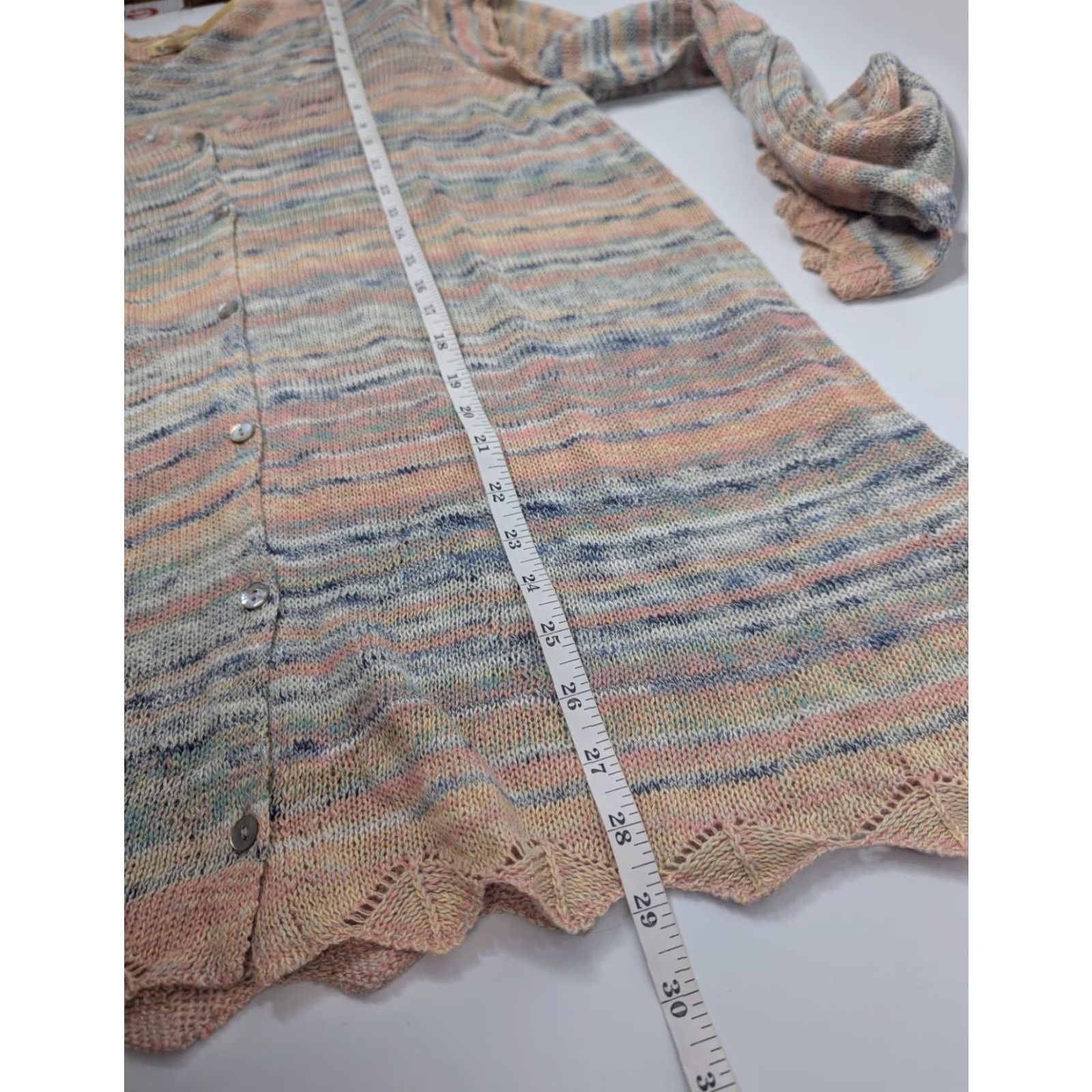 Vintage VINTAGE Democracy V-Neck Cardigan Sweater Heathered Stripe Print Ruffle Shoulders Sz XL Size XL / US 12-14 / IT 48-50 - 5 Thumbnail