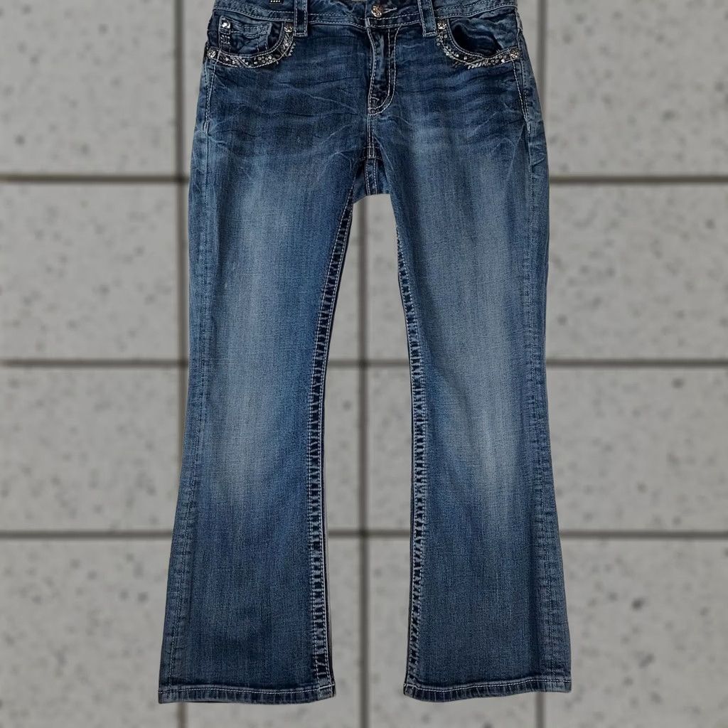 Miss Me Miss Me Easy Boot Mid Rise Bootcut Jeans 29 Women's Denim Blue Stretch Bling 5-Pocket Zip Slim Stability Size 29" - 1 Thumbnail