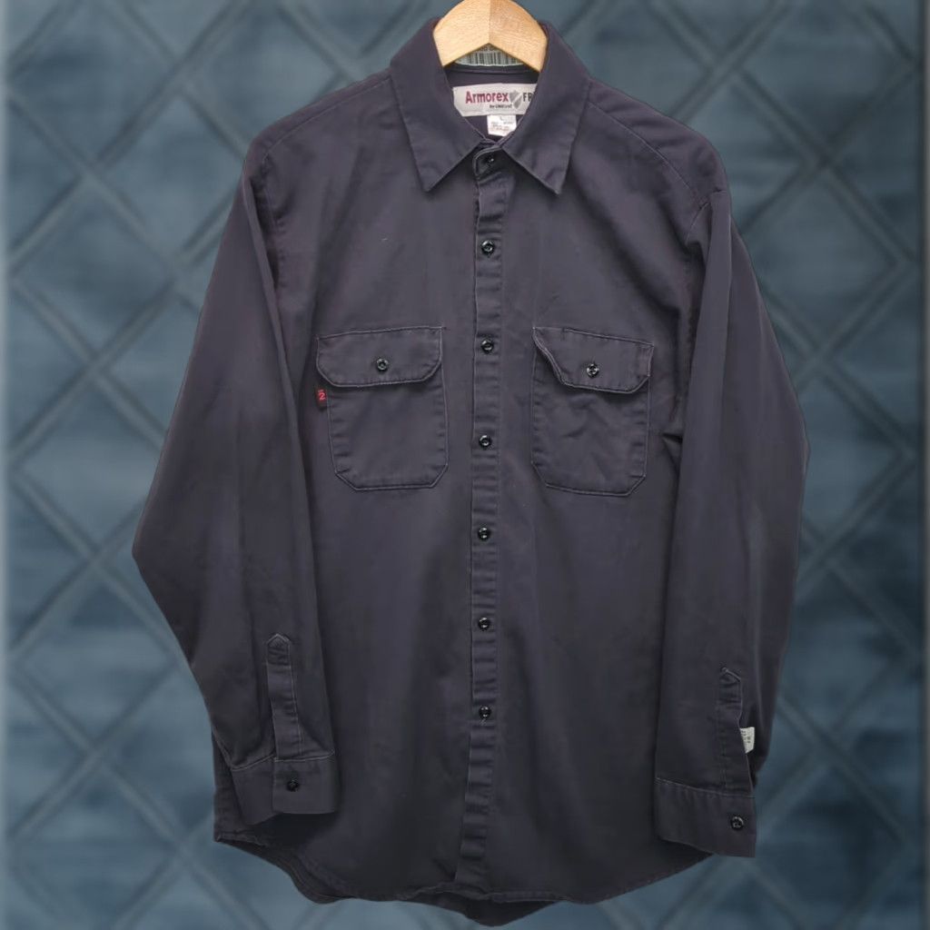 Vintage Armorex Flame Resistant Work Shirt Large Industrial FR Uniform Blue Navy Mens Commonwealth Cotton Blend FR Shirt Size US L / EU 52-54 / 3 - 1 Thumbnail