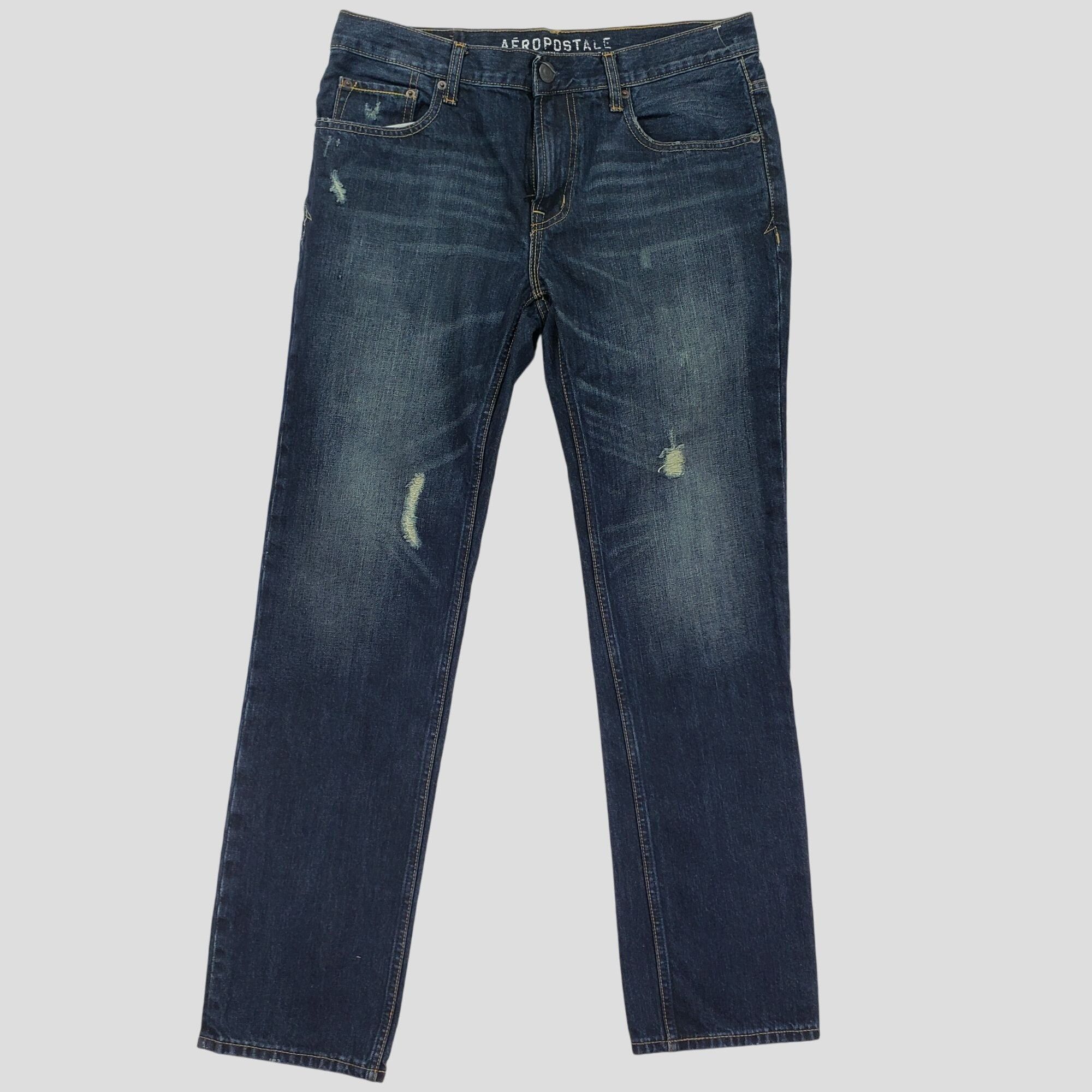 Aeropostale Aeropostale Mens Distressed Straight Leg Dark Wash Denim Jea Size US 34 / EU 50 - 1 Thumbnail