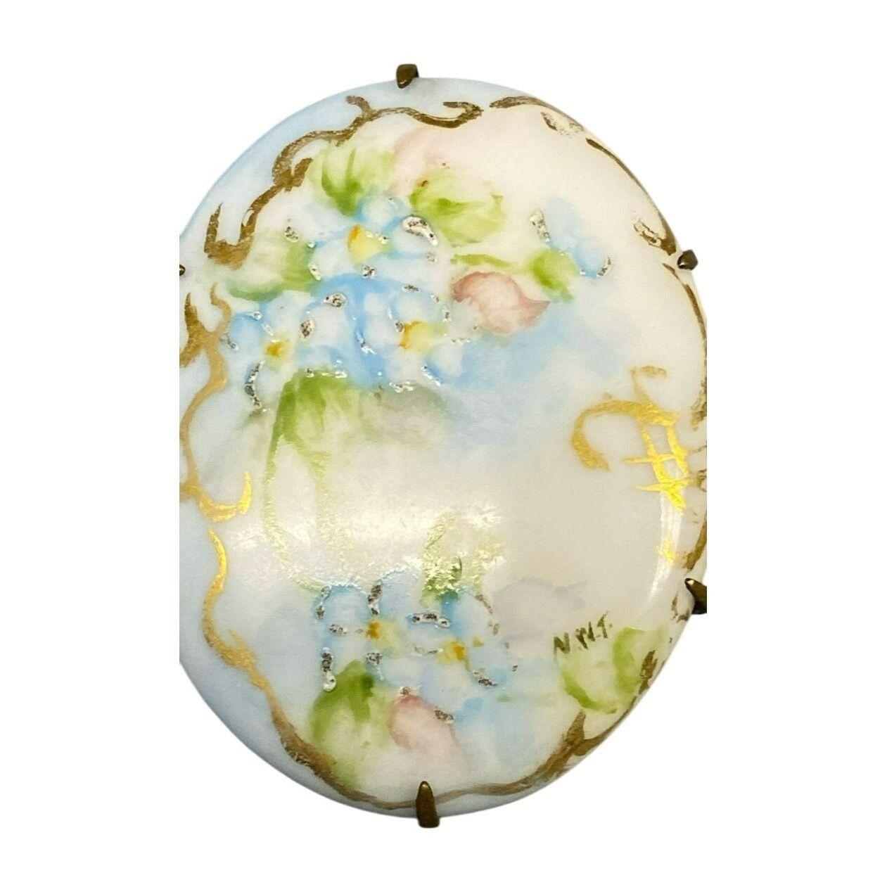 Other Antique Porcelain Over Brass Forget Me Not Brooch With Hand- Size ONE SIZE - 3 Thumbnail