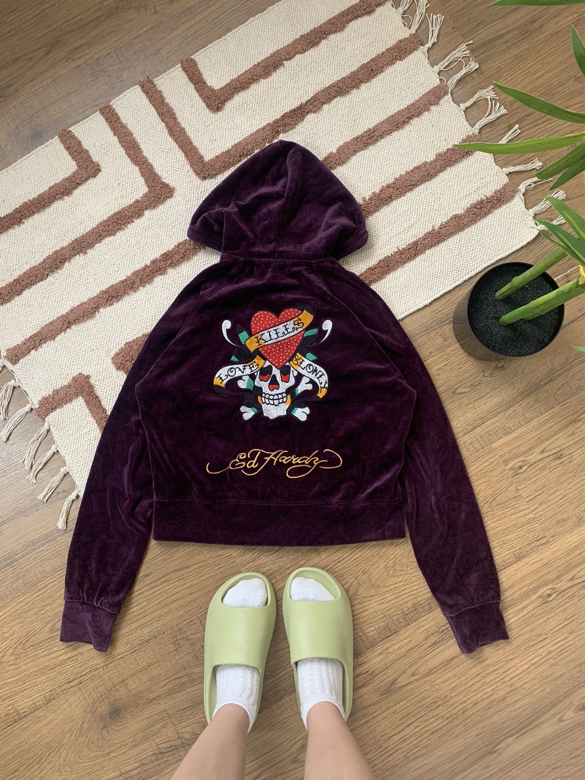 Ed Hardy VINTAGE VELOUR ED HARDY 2000s CROPPED ZIP UP HOODIE Size S / US 4 / IT 40 - 1 Thumbnail