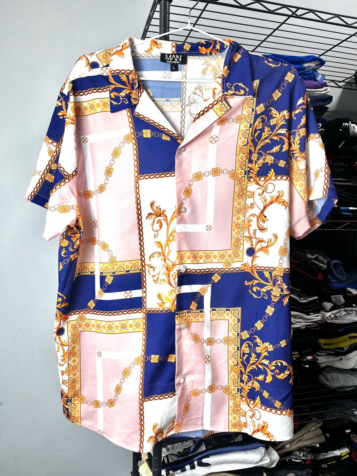 Vintage Baroque Chain Print Silk Style Shirt Like Versace Size US L / EU 52-54 / 3 - 1 Thumbnail