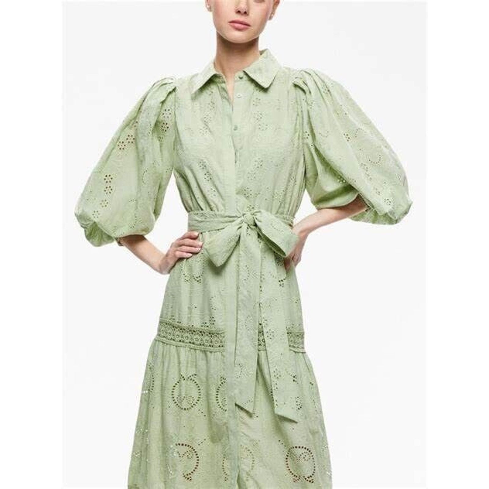 Alice + Olivia ALICE + OLIVIA LILLY EYELET COTTON DRESS BELTED GREEN SZ 2 Size XS / US 0-2 / IT 36-38 - 5 Thumbnail
