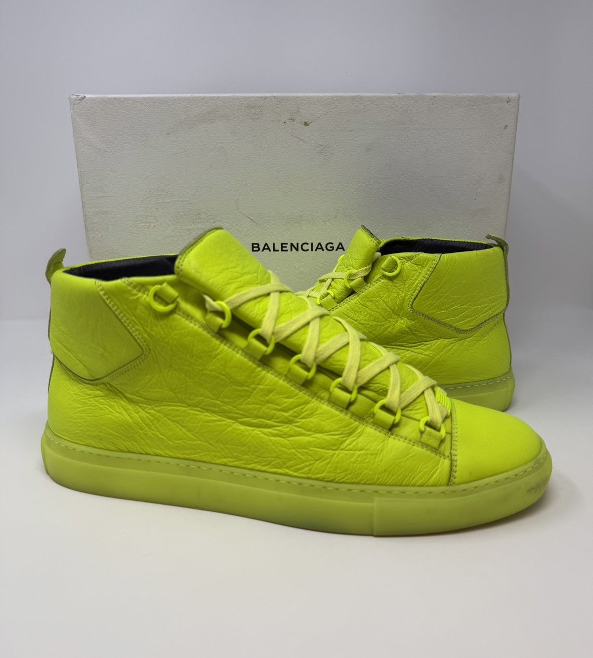 Balenciaga Arena High Top Sneaker Neon Yellow Leather