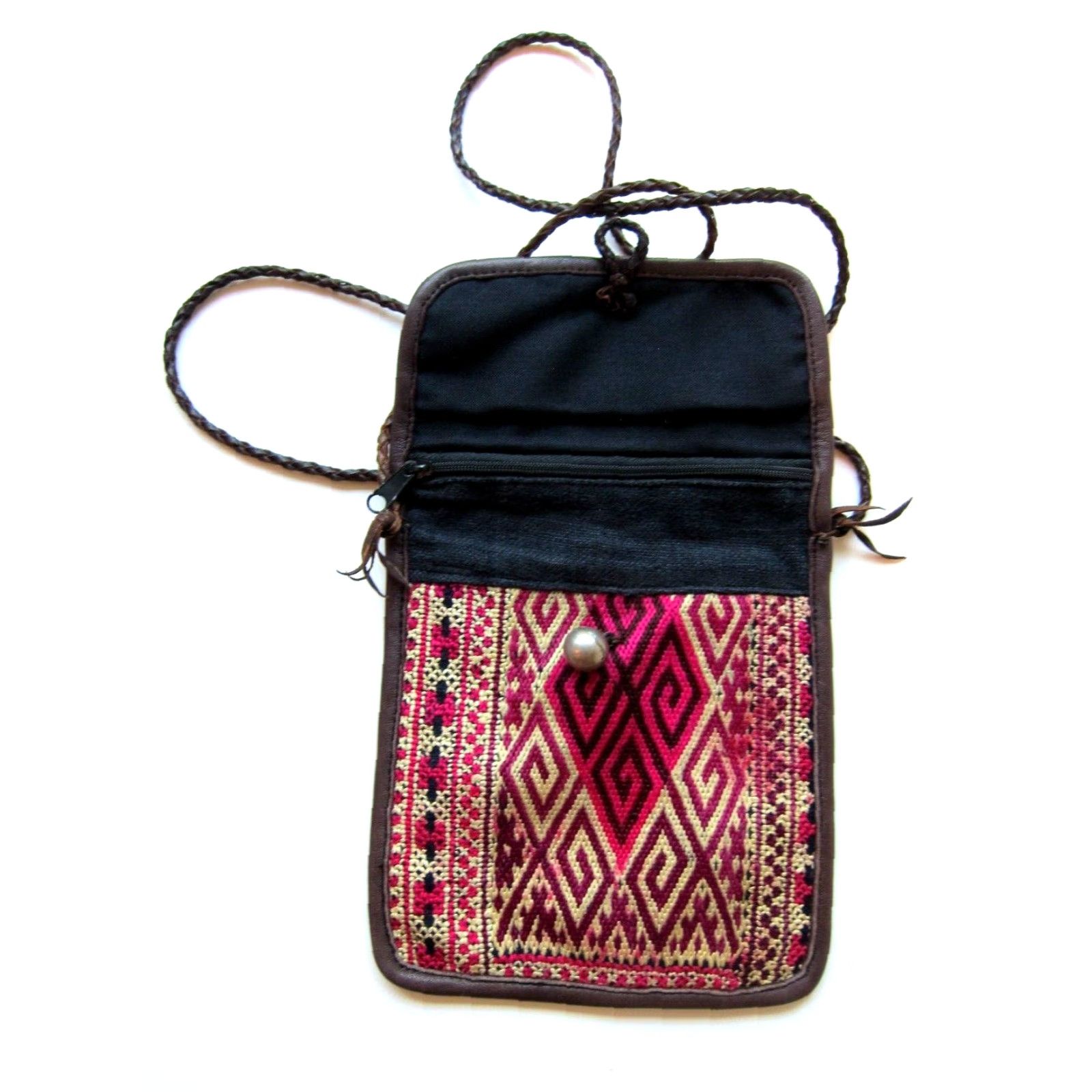 Vintage VINTAGE Handmade Brown Leather Pink Textile Small Satchel Crossbody Purse Size ONE SIZE - 5 Thumbnail