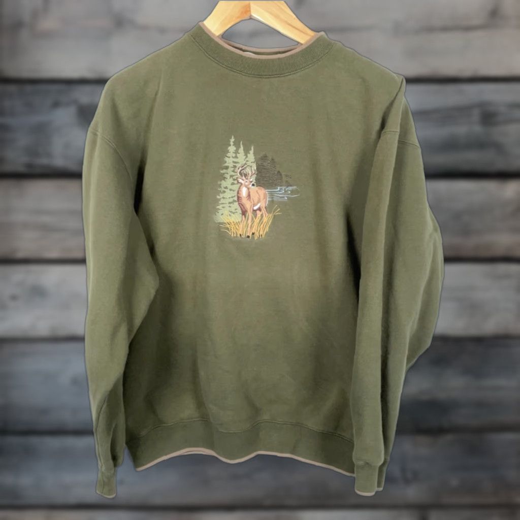 Vintage VINTAGE M&C Sports Sweatshirt Crewneck Green Embroidered Deer Nature Scenic XL Mens Pullover Wool-Heavyweight Cotton Blend Size US XL / EU 56 / 4 - 1 Thumbnail