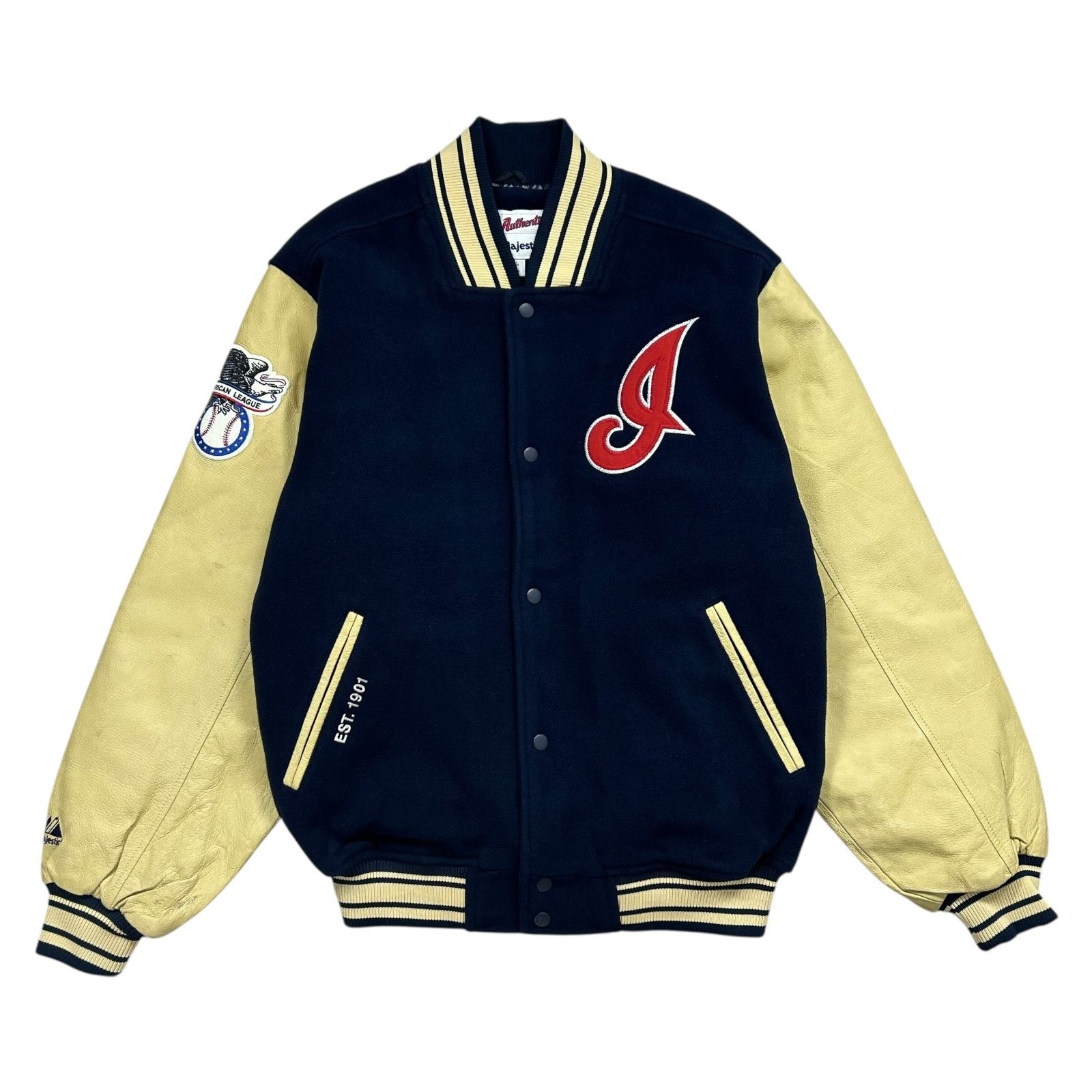 90s CLEVELAND INDIANS MAJESTIC VARSITY JACKET LEATHER WOOL