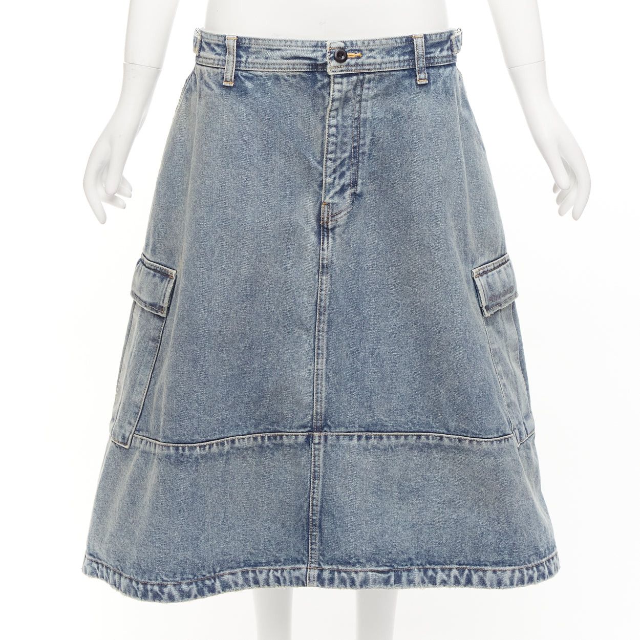 Balenciaga BALENCIAGA Demna 2021 Cargo Kick blue denim low waist logo midi skirt FR38 M Size 28" / US 6 / IT 42 - 1 Thumbnail