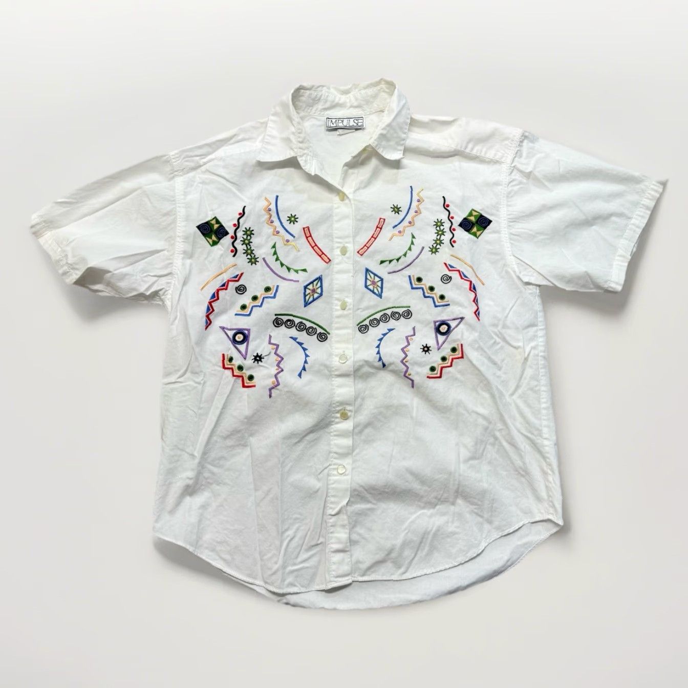 Vintage VINTAGE Impulse Shirt Womens M Button-Up Embroidered Abstract 80s Geometric White Crew Neck Short Sleeve Cotton Blend Asymmetrical Sleeve Mens? Size M / US 6-8 / IT 42-44 - 2 Thumbnail
