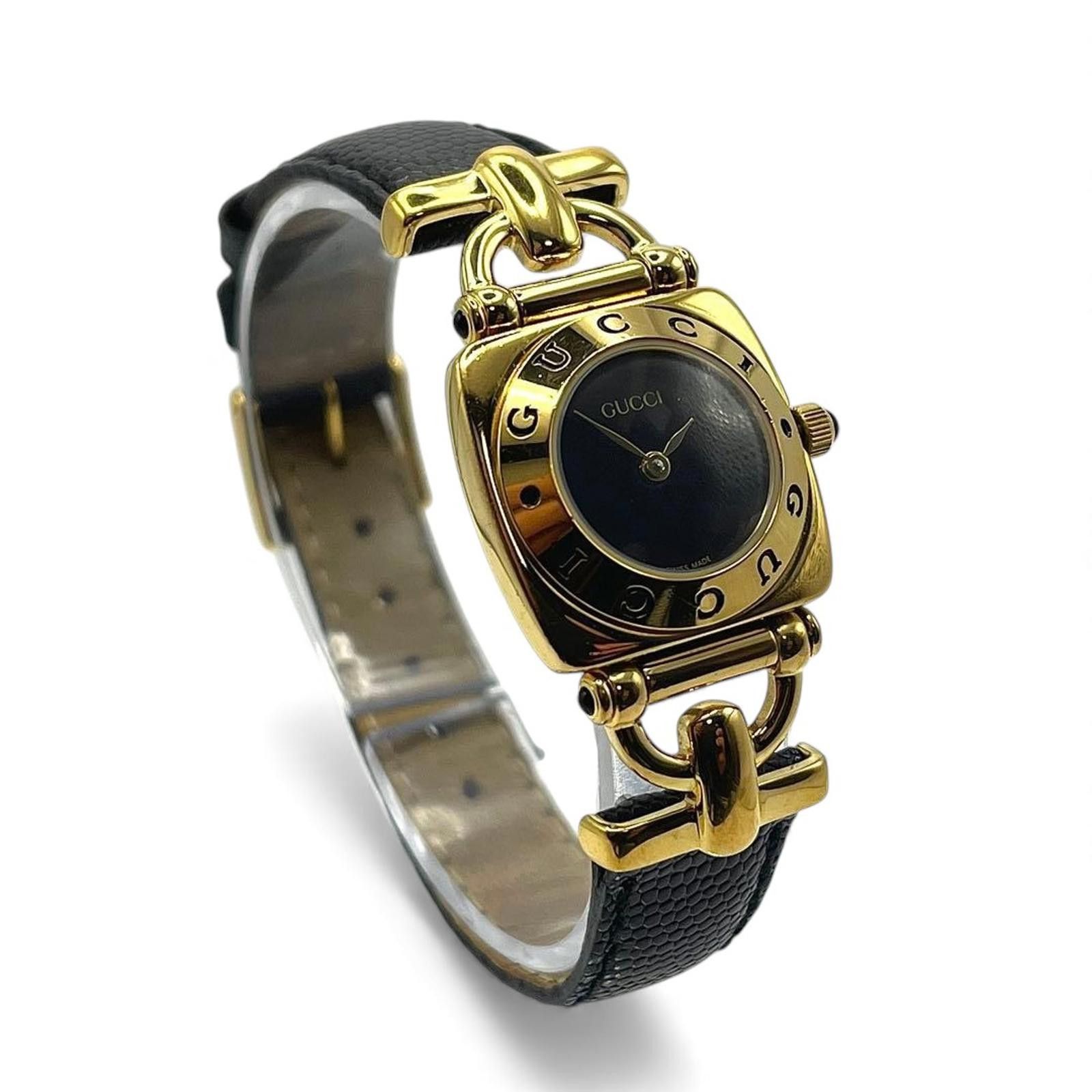Gucci Gucci - Women's Gold Tone and Black Leather Wristwatch Size ONE SIZE - 4 Thumbnail