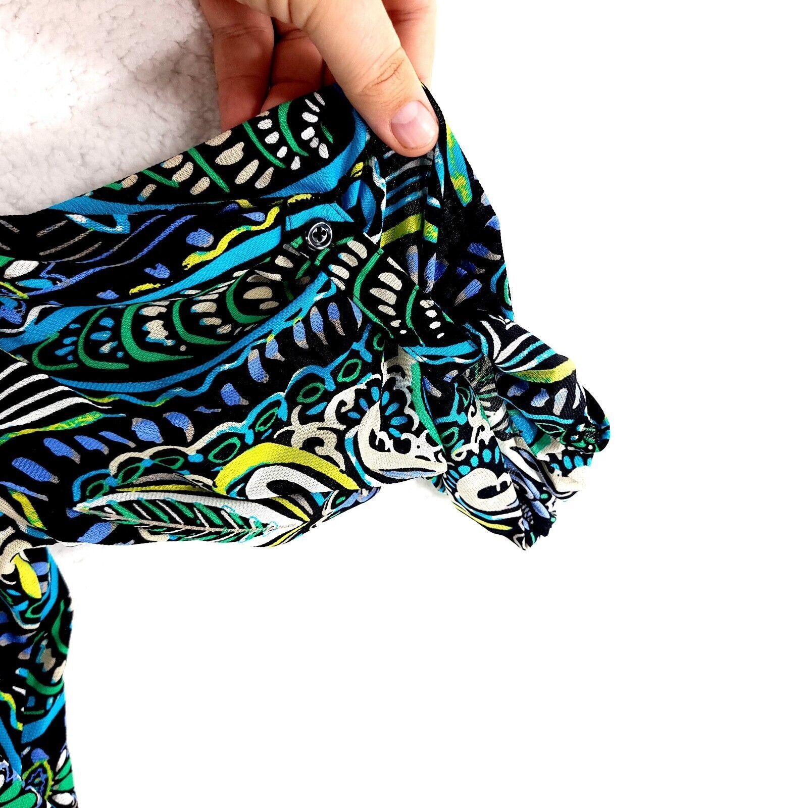 Designer Style & Co Black Teal Green Floral Roll Tab Sleeve V-Neck Bl Size XL / US 12-14 / IT 48-50 - 2 Thumbnail