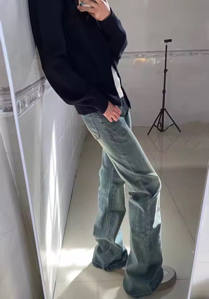 Skinny Jeans Plain Vintage Flared Trousers Y2k Pockets y2k