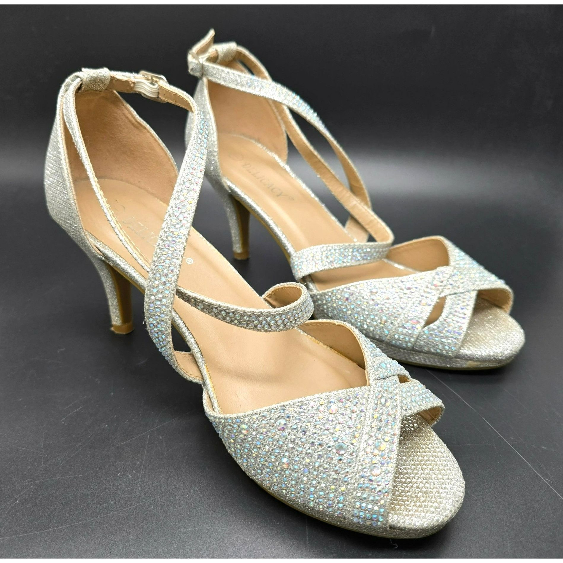Other Womens Heels Silver Glitter Rhinestone Strappy Open Toe Deli Size US 7 / IT 37 - 1 Thumbnail