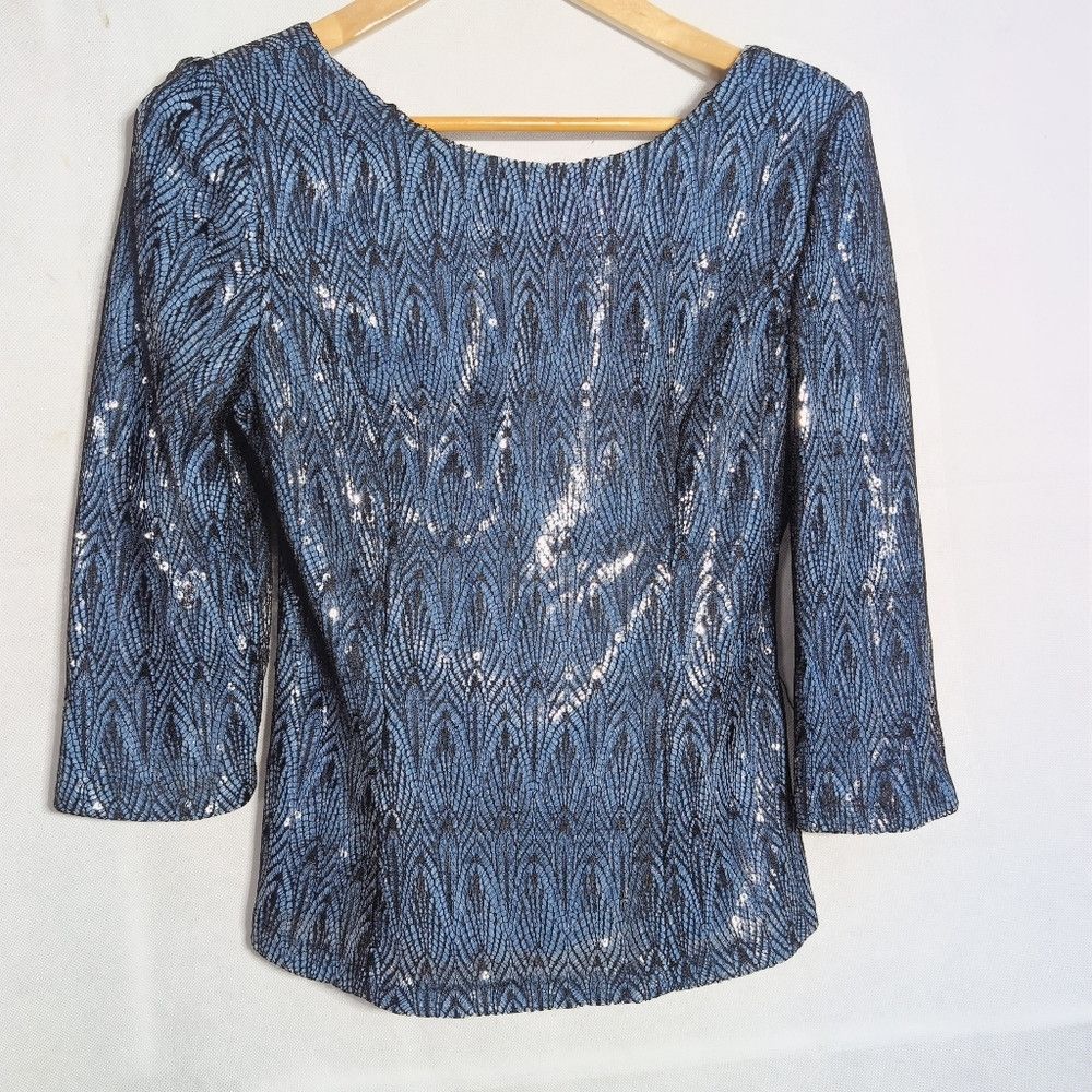 Alex Evenings Alex Evenings Metallic Blue Blouse M Lace Over Sequins Size M / US 6-8 / IT 42-44 - 2 Thumbnail