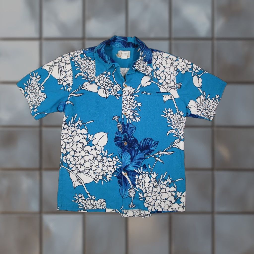 VINTAGE Kimos Polynesian Shop Hawaiian Shirt Mens Large Blue Floral Short Sleeve Button Up 70s 80s Mens