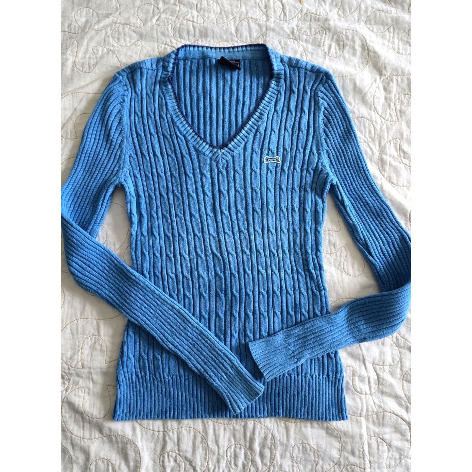 Vintage VINTAGE Le Tigre Blue Cable Knit V-neck Sweater Women's Large Tiger Patch Slim Stretch Size L / US 10 / IT 46 - 4 Thumbnail