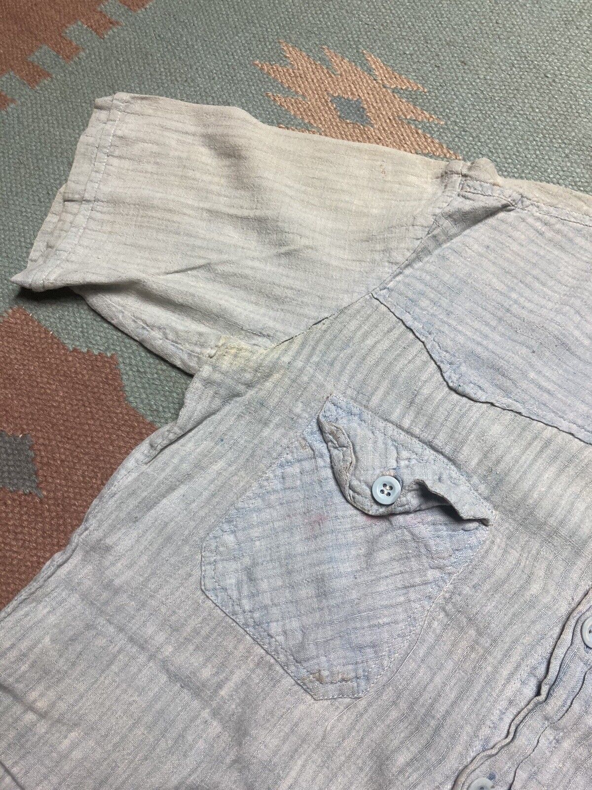 Vintage VTG 70s button shirt cotton chambray thin collarless large Size US L / EU 52-54 / 3 - 4 Thumbnail