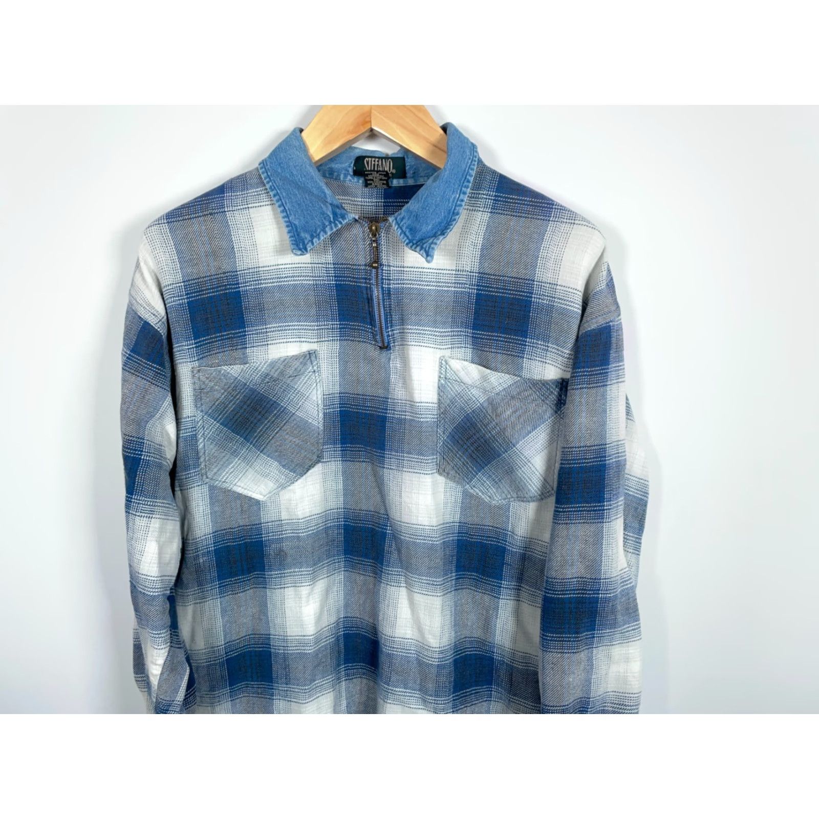 Vintage VINTAGE Stefano Man 1/4 Zip Flannel Shirt Mens XL Blue Shadow Plaid Denim Collar Size US XL / EU 56 / 4 - 4 Thumbnail