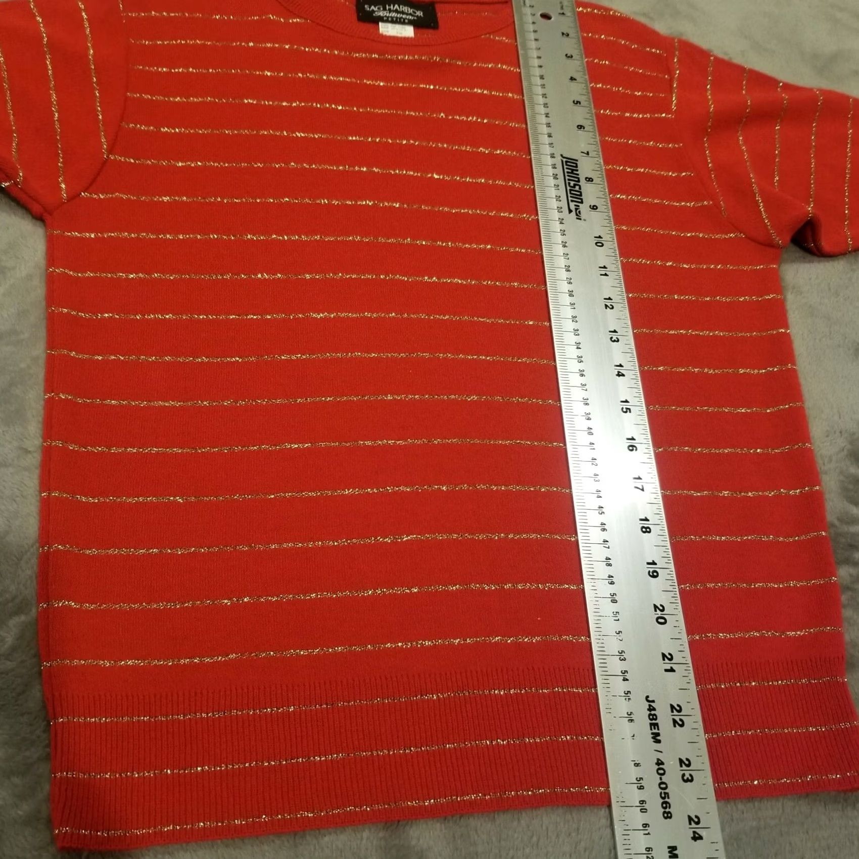 Vintage Sag Harbor Knitwear Womens PM Red Gold Striped Short Sleeve Cardigan Sweater Venues: Casual, Knitwear, Acrylic, Lightweight, Crew Neck, Relaxed Fit Size M / US 6-8 / IT 42-44 - 7 Thumbnail