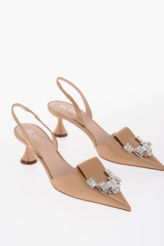 image of Rodo Satin Slingback Pumps With Jewels Heel Shoes 6.5Cm in Beige, Women's