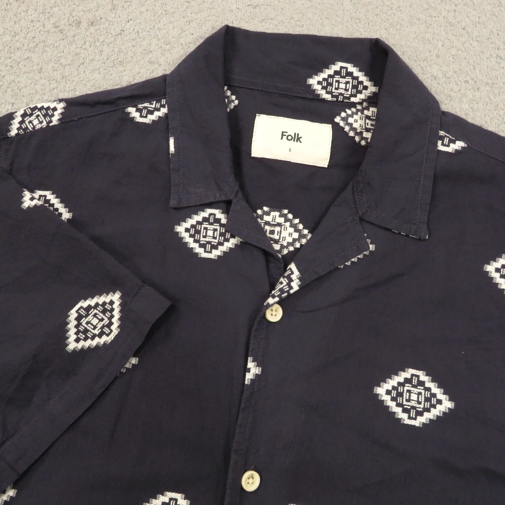 Folk Folk Shirt Mens Large Navy Cotton White Jacquard Woven Aztec Print Camp Collar Size US L / EU 52-54 / 3 - 2 Thumbnail