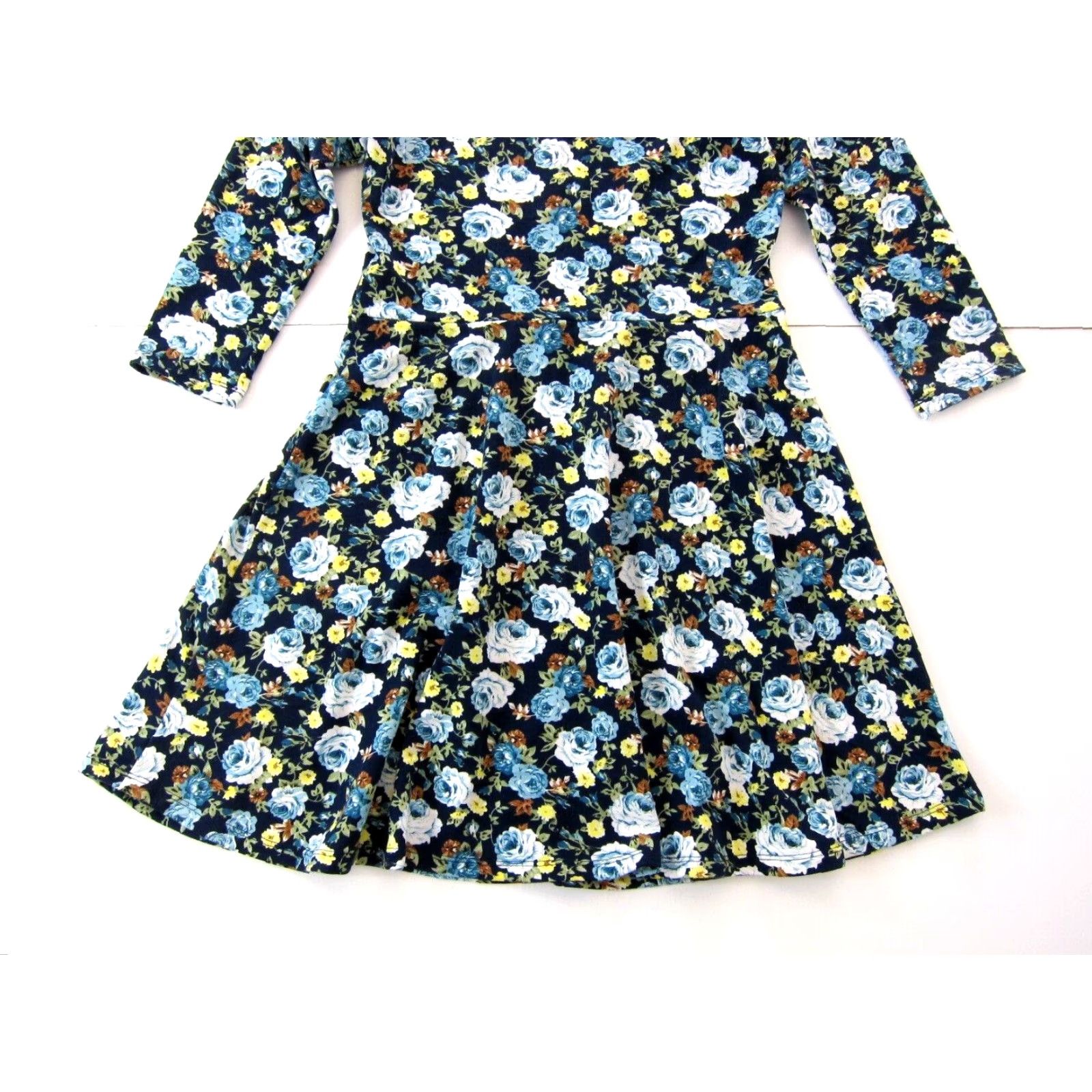Vintage Tomsware Jersey Stretch Blue Yellow Floral 3/4 Sleeve Empire Waist Dress Large Size L / US 10 / IT 46 - 6 Thumbnail