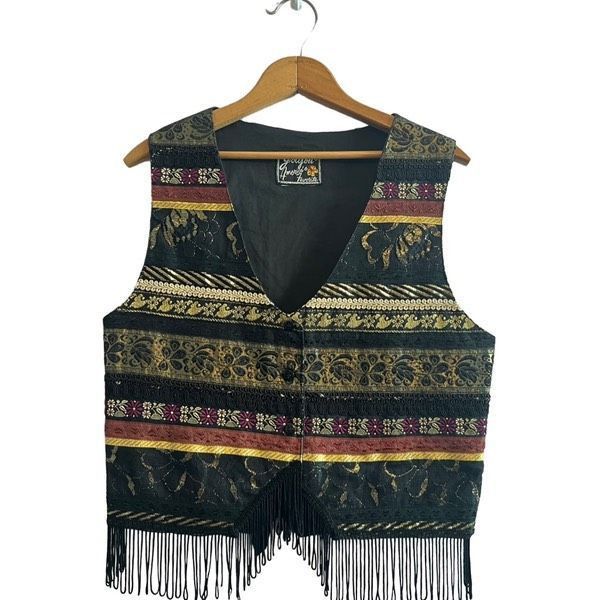 Vintage Joujou metallic tapestry fringe vintage vest Size L / US 10 / IT 46 - 1 Thumbnail