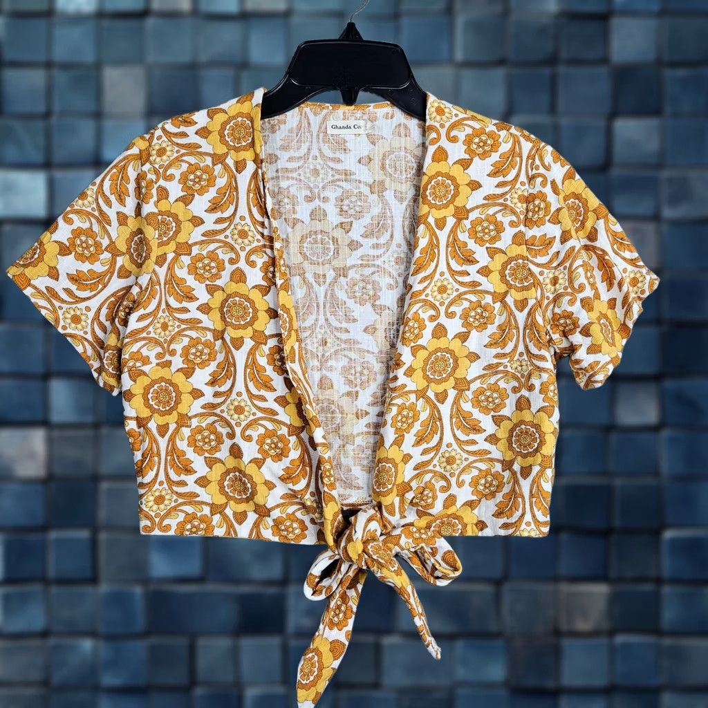 Vintage Ghanda Co. Women's Yellow Floral Printed Cropped Tie Front Shirt S Linen Viscose Blouse Short Sleeve Cropped Tie Front Knitted? Size S / US 4 / IT 40 - 1 Thumbnail