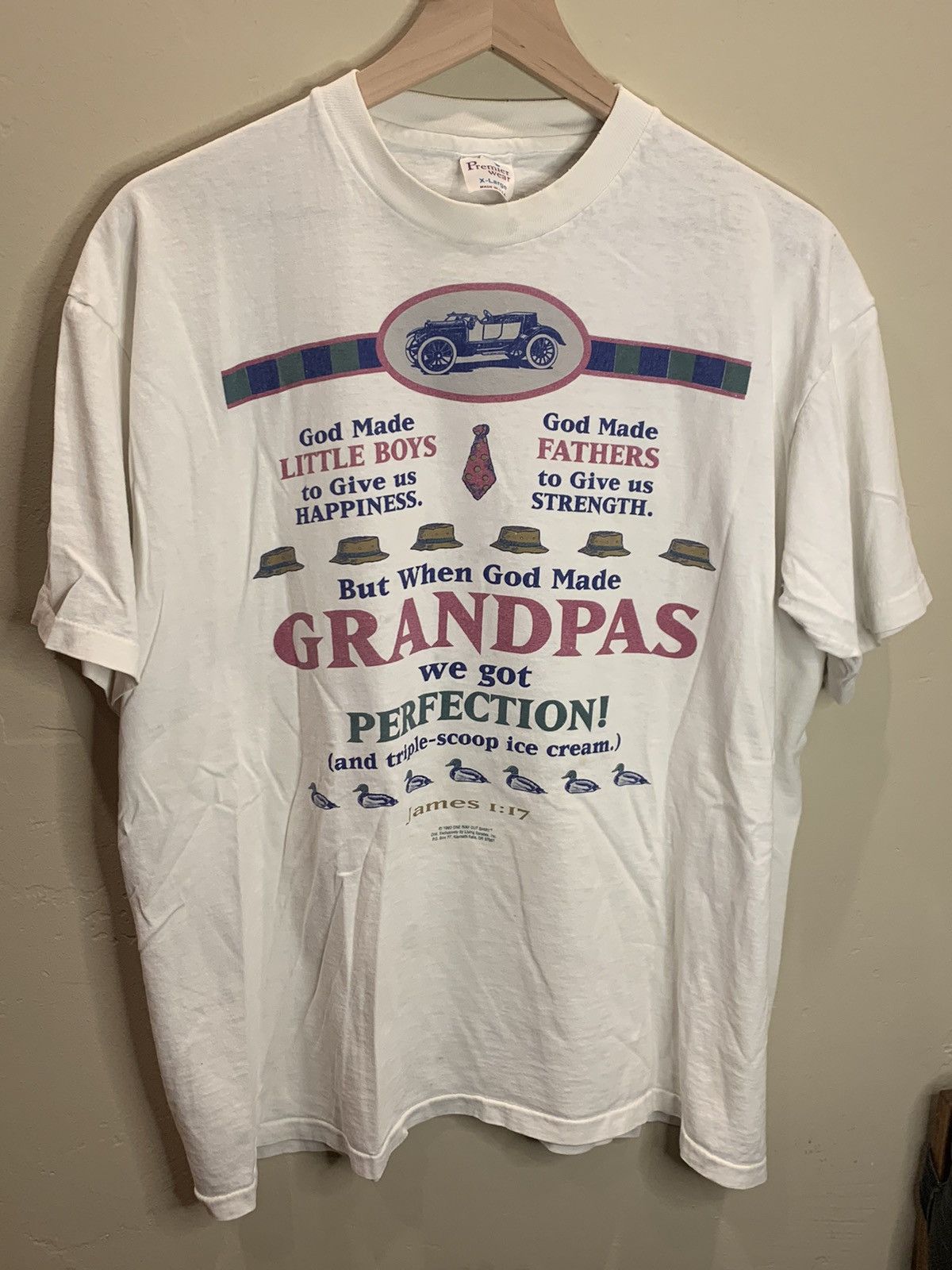 image of Art x Made In USA Vintage 1993 Living Epistles God Made Grandpas Shirt in White, Men's (Size XL)