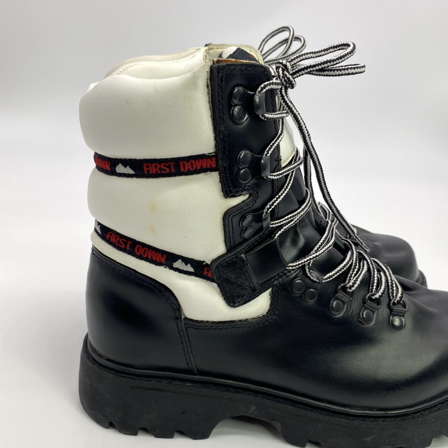 Vintage VINTAGE FIRST DOWN Mens Boots Leather Black White Moon-Style 1990s 8.5M, Military/Landgirl Look, Rare Down to Hype Rave/Club Shoes Size US 8.5 / EU 41-42 - 3 Thumbnail