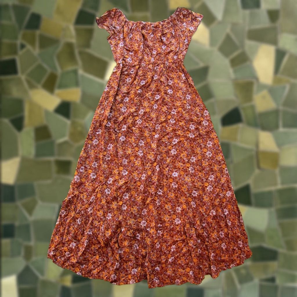 Vintage Indigo Rose Sun Dress Cap Sleeve Maxi Floral Indigo Rose Brown Purple Small 36" front hem 42" shoulder to bottom hem long Women Size S / US 4 / IT 40 - 1 Thumbnail