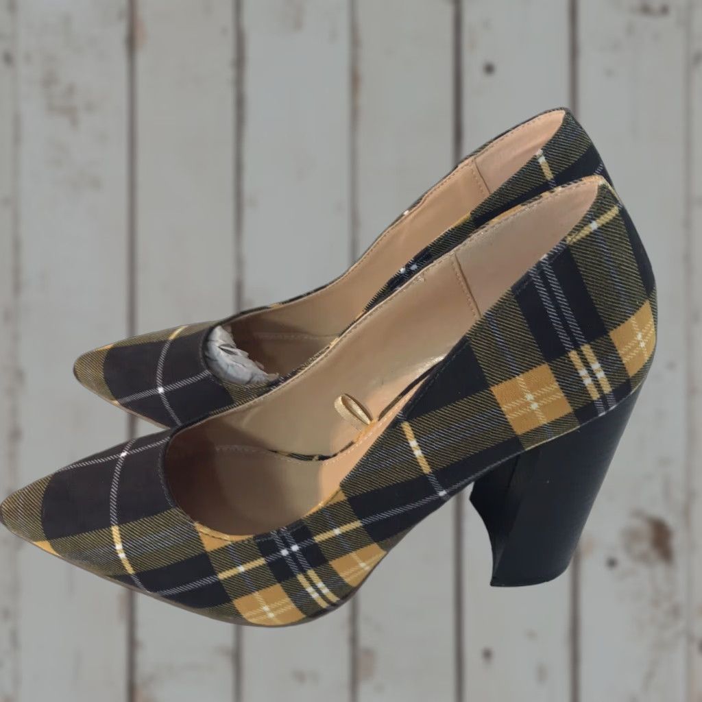 Vintage NY&Co Blk/Yel/Wht Plaid 4in Pointed Toe Block Heels Womens Size 8 New Size US 8 / IT 38 - 1 Thumbnail