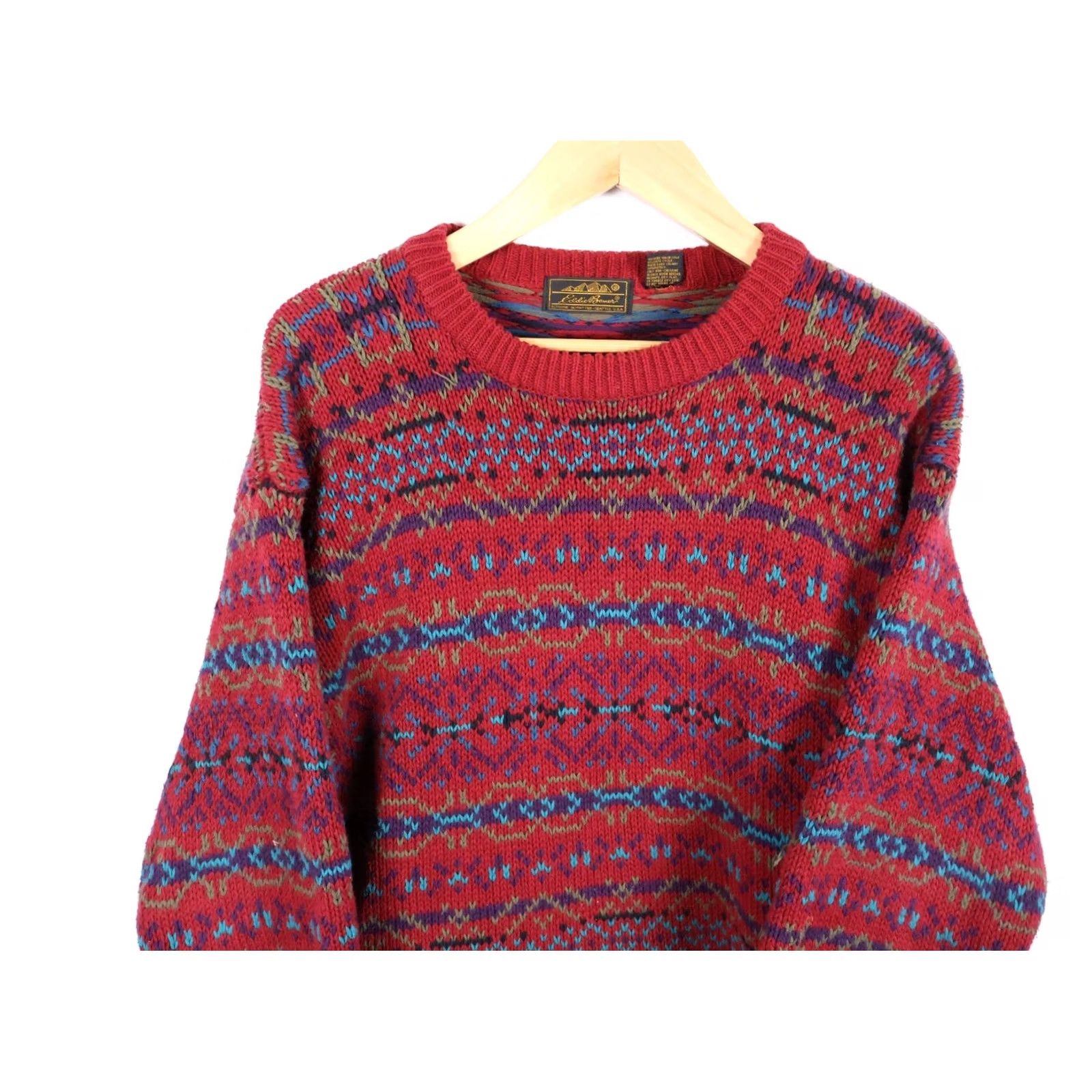 Eddie Bauer VINTAGE Eddie Bauer Sweater Men's Large Dark Red Fair Isle Geometric Cotton Knit VTG Size US L / EU 52-54 / 3 - 4 Thumbnail