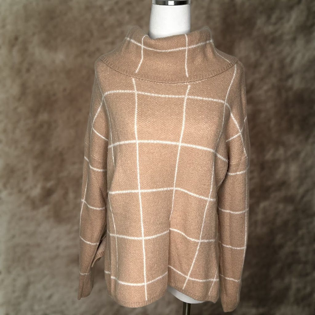 Lulus Lulus Pink Windowpane Turtleneck Pullover Sweater Womens S Dolman Knit Stretch Side Slit Size S / US 4 / IT 40 - 1 Thumbnail