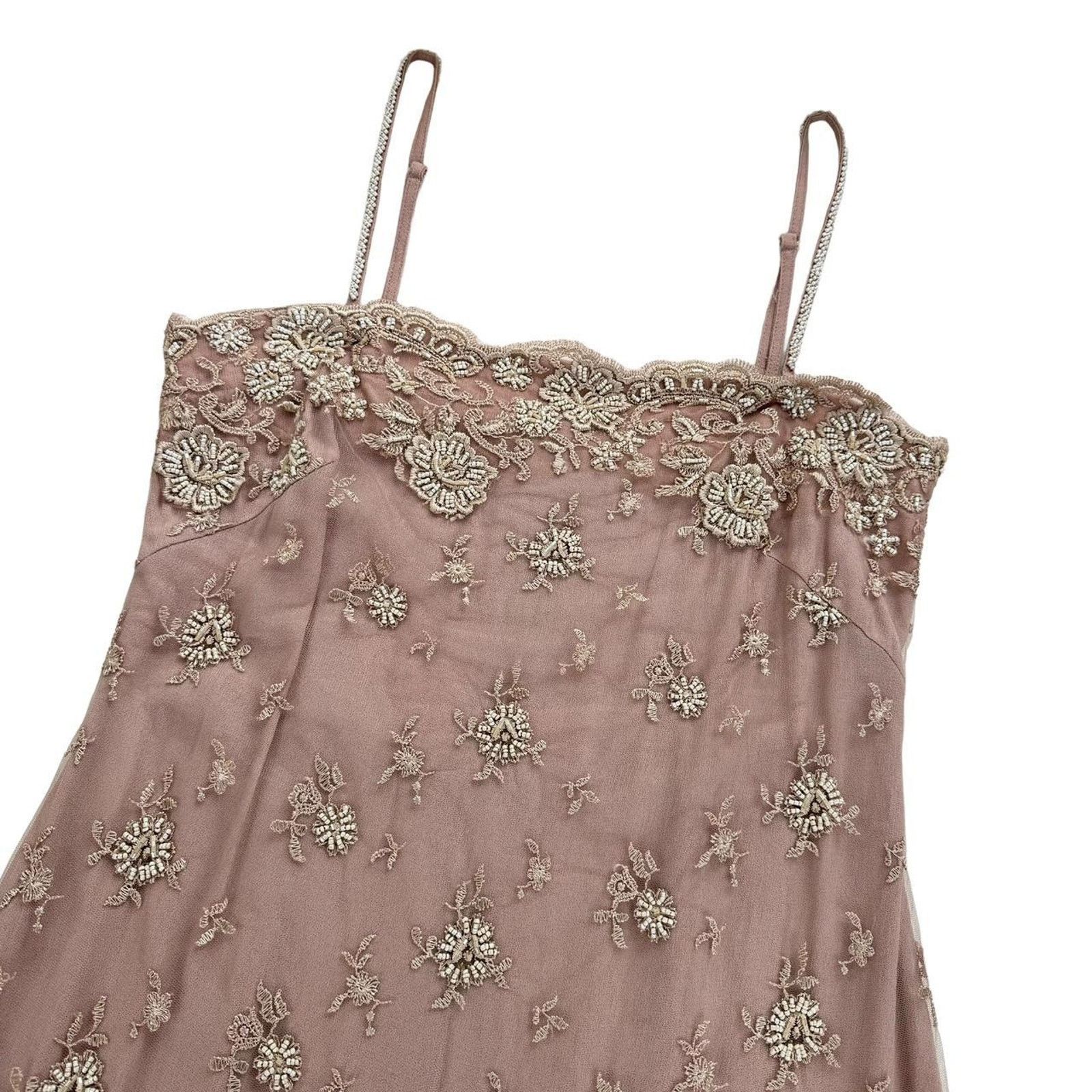 Other × Vintage Phase Eight Y2K Vintage Nude Sheer Mesh Beaded Midi Dress Size M / US 6-8 / IT 42-44 - 3 Thumbnail