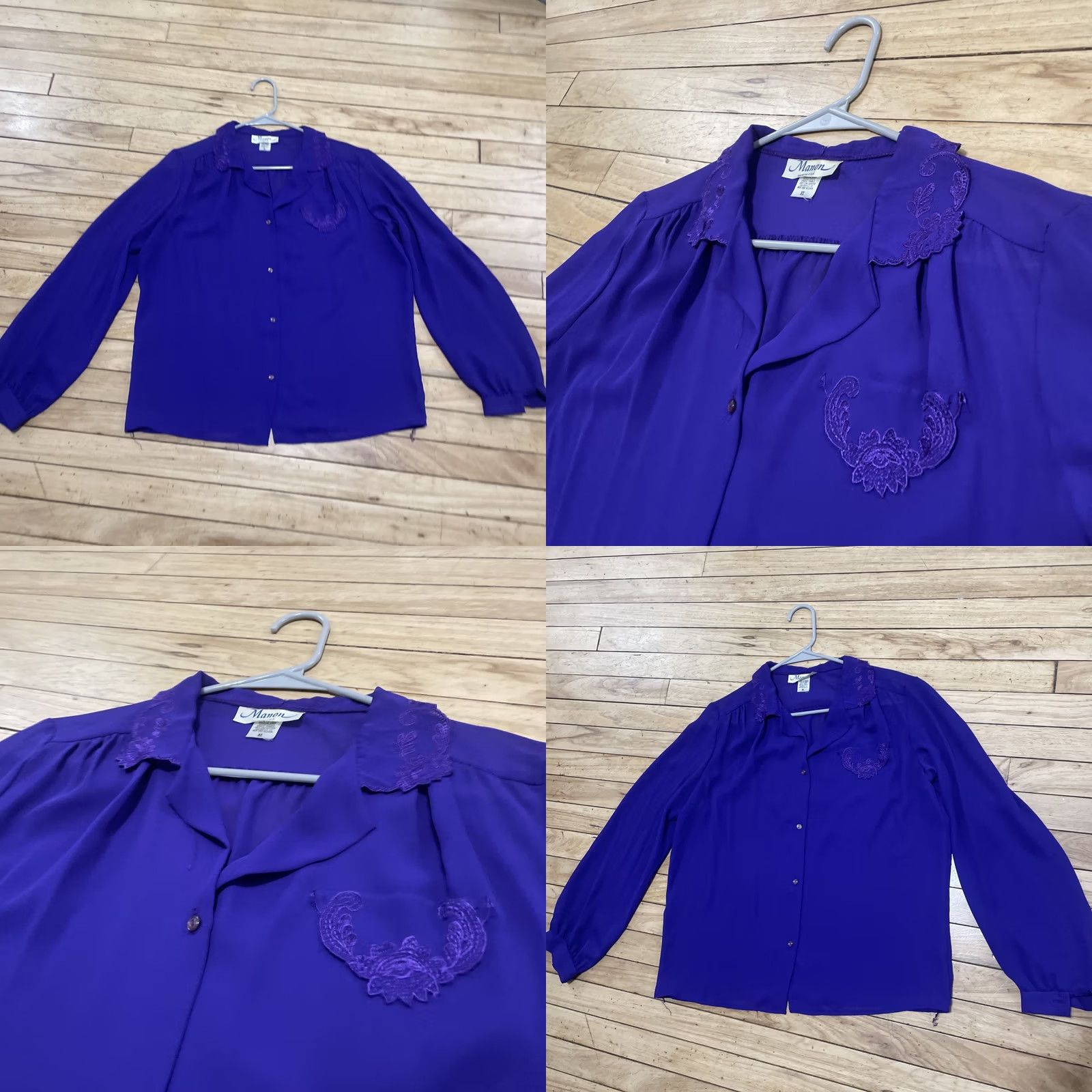 Vintage VINTAGE Manon Made USA Blouse Chiffon Top Women XL Purple Royal Purple Sheer Lace Button Up 1970s USA 70s Womens Size XL / US 12-14 / IT 48-50 - 11 Thumbnail