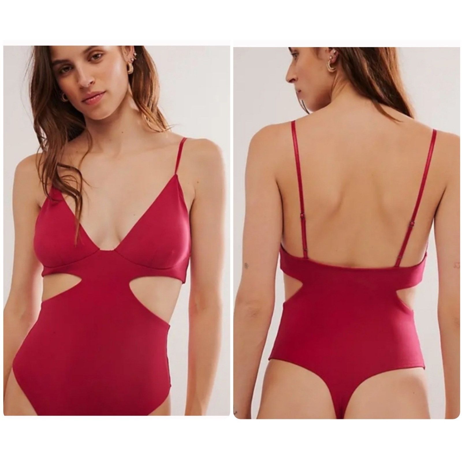 Free People INTIMATELY FP Love Triangle Cut Out Bodysuit Cha Cha Cherry Size S / US 4 / IT 40 - 1 Thumbnail