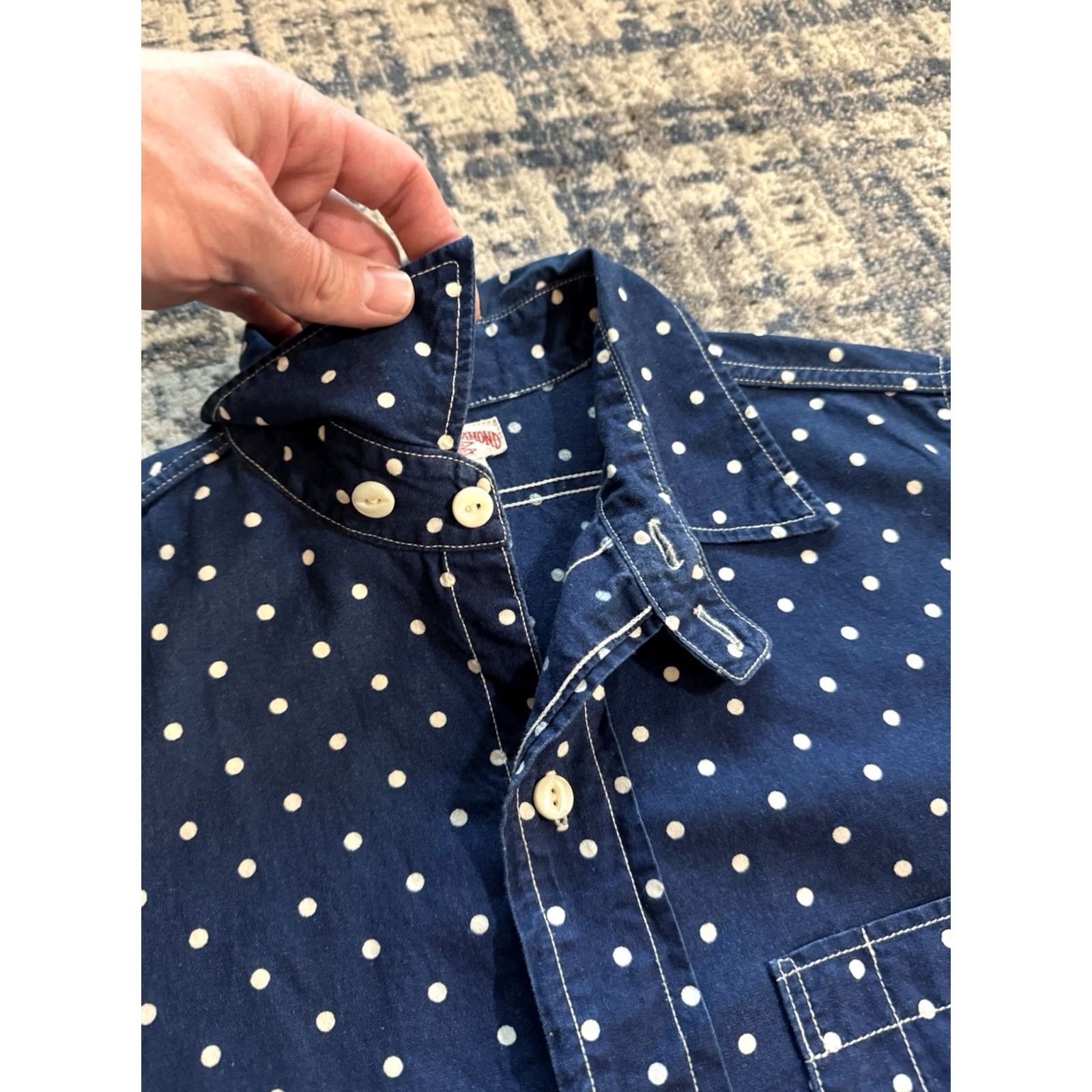 Vintage The Real McCoy’s Double Diamond Chin Strap Stifel Dot Pattern Work Shirt Size 14 Blue Cotton Polka Dot Long Sleeve Button-Up 20s 30s Mens Size US S / EU 44-46 / 1 - 3 Thumbnail