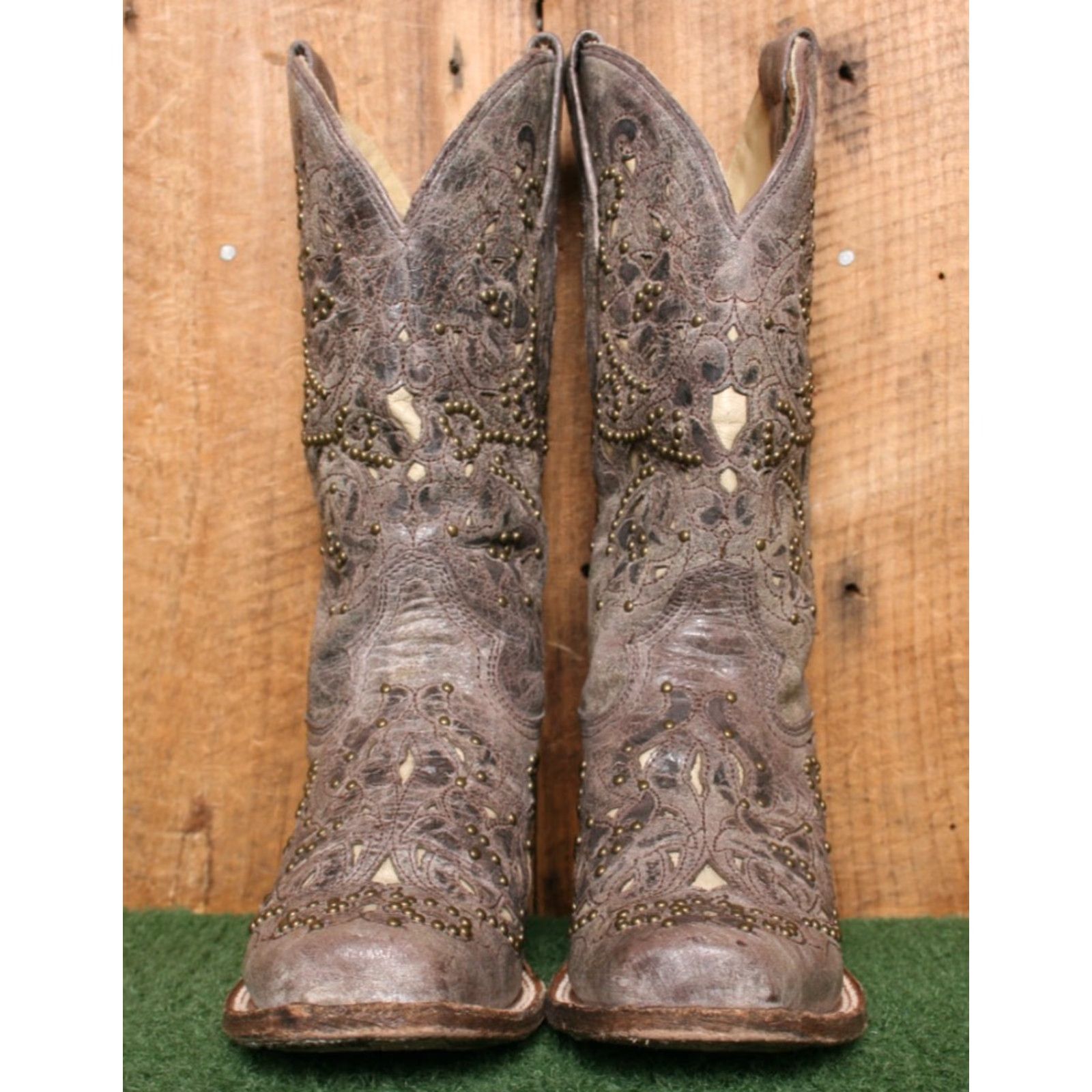 Vintage CORRAL 'Jessica' Brown Studded Inlay Leather Western Boots Sz. 6.5 M Women Cowgirl Boots Size US 7 / IT 37 - 3 Thumbnail
