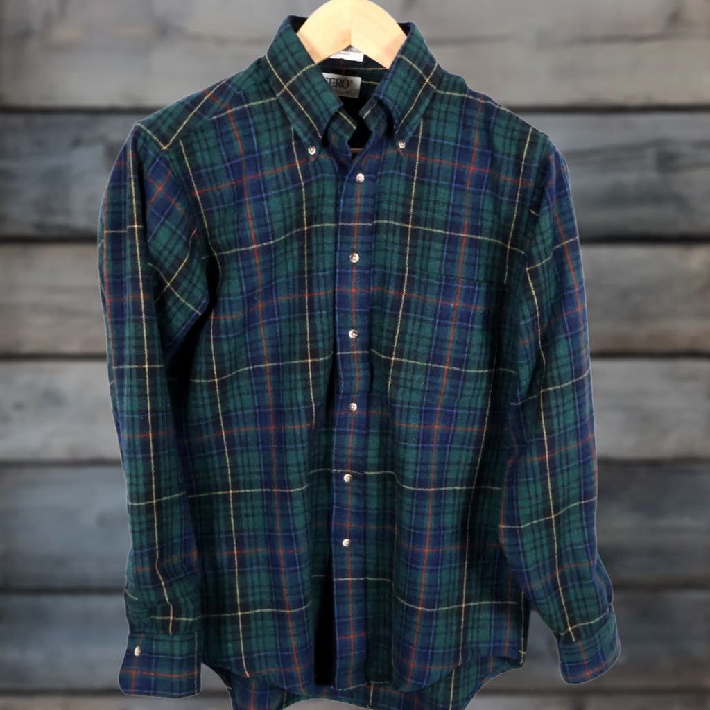 Vintage VTG 90s Sero Wool Blend Flannel Shirt Men's Medium Green Yellow Plaid Grunge Size US M / EU 48-50 / 2 - 1 Thumbnail