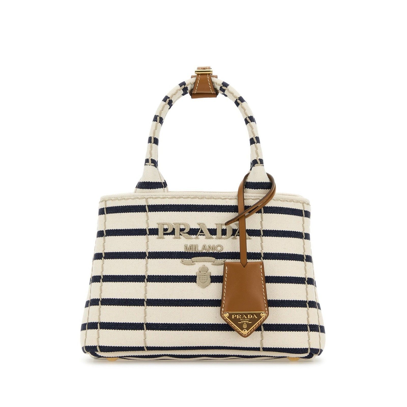 Prada PRADA Striped Embroidered White Blue Canvas Shopper Top Hand Size ONE SIZE - 1 Thumbnail