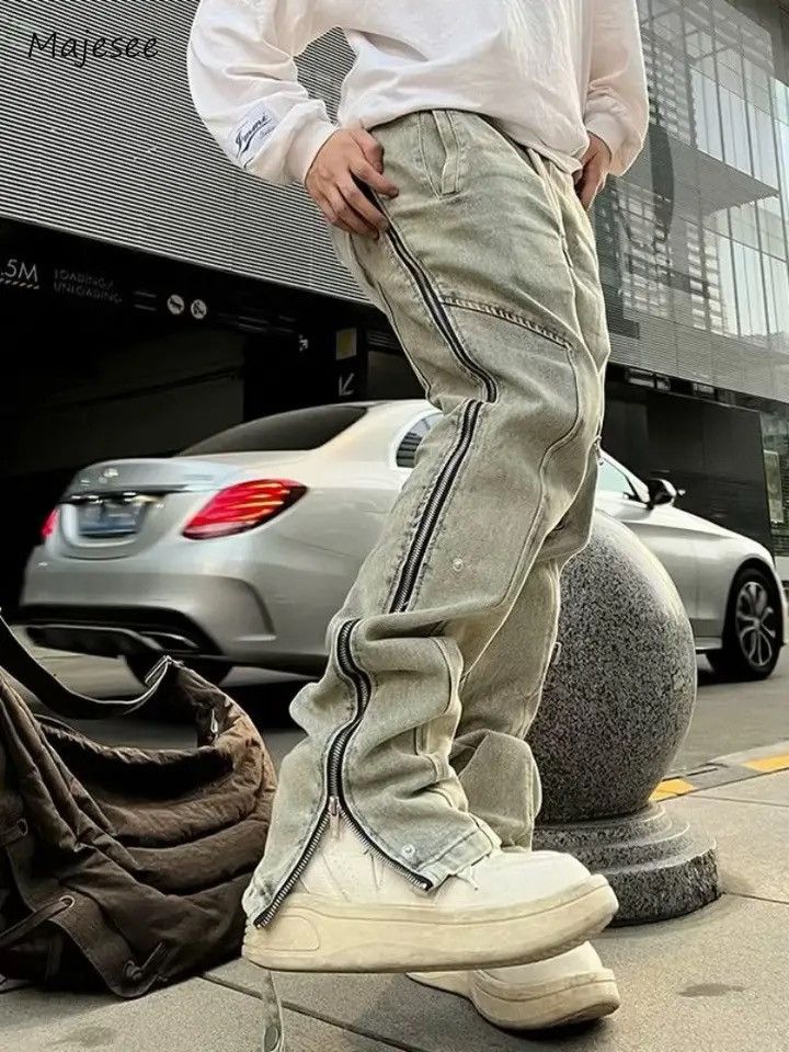 Japanese Brand Straight Jeans Men Side Zipper Patchwork Slim Size US 32 / EU 48 - 1 Thumbnail