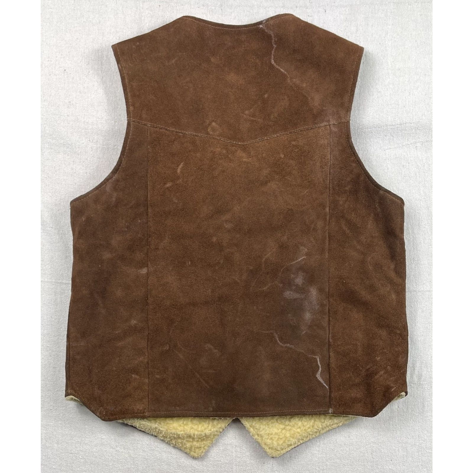 Vintage VINTAGE Joo-Kay Leather Vest Sherpa Lined Western USA 40 Men Brown 70s Work Vest Snap Buttons Mens Size US XXS / EU 40 - 4 Thumbnail