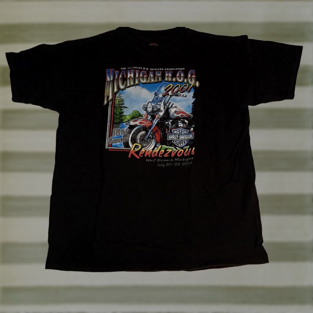 Harley Davidson Harley-Davidson T-Shirt XL Black USA Men Short Sleeve Graphic 2001 Michigan H.O.G. Rendezvous Bike Dealer Size US XL / EU 56 / 4 - 1 Thumbnail