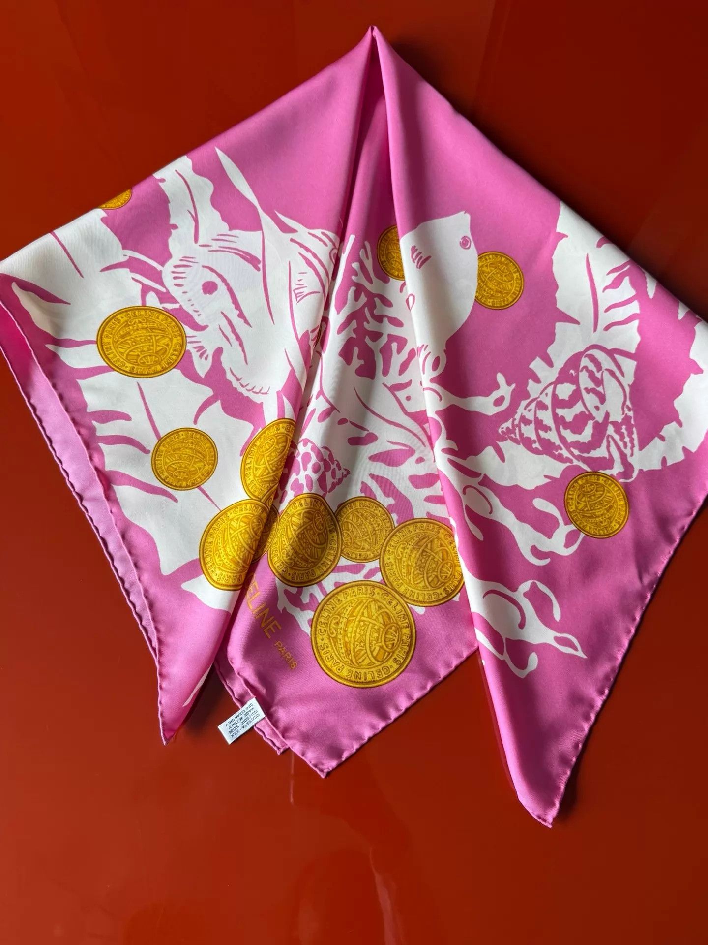 Celine Celine Vintage Pink Gold Coin Silk 90cm Scarf Underwater Size ONE SIZE - 3 Thumbnail